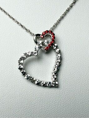 Double Heart Necklace Natural White Topaz & Lab Ruby 32 Stone 3.20ctw 18in